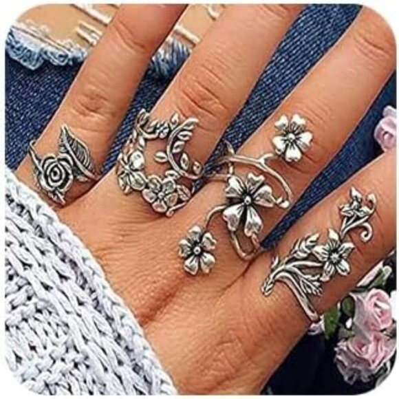Jewelry - Silver Floral Rose ring Set Vintage Knuckle Ring Set Joint Knuckle Ring Set for
